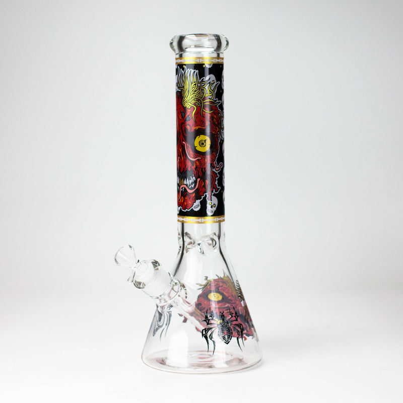 Red monster face printed on the neck and base of a clear 14-inch glass beaker bong