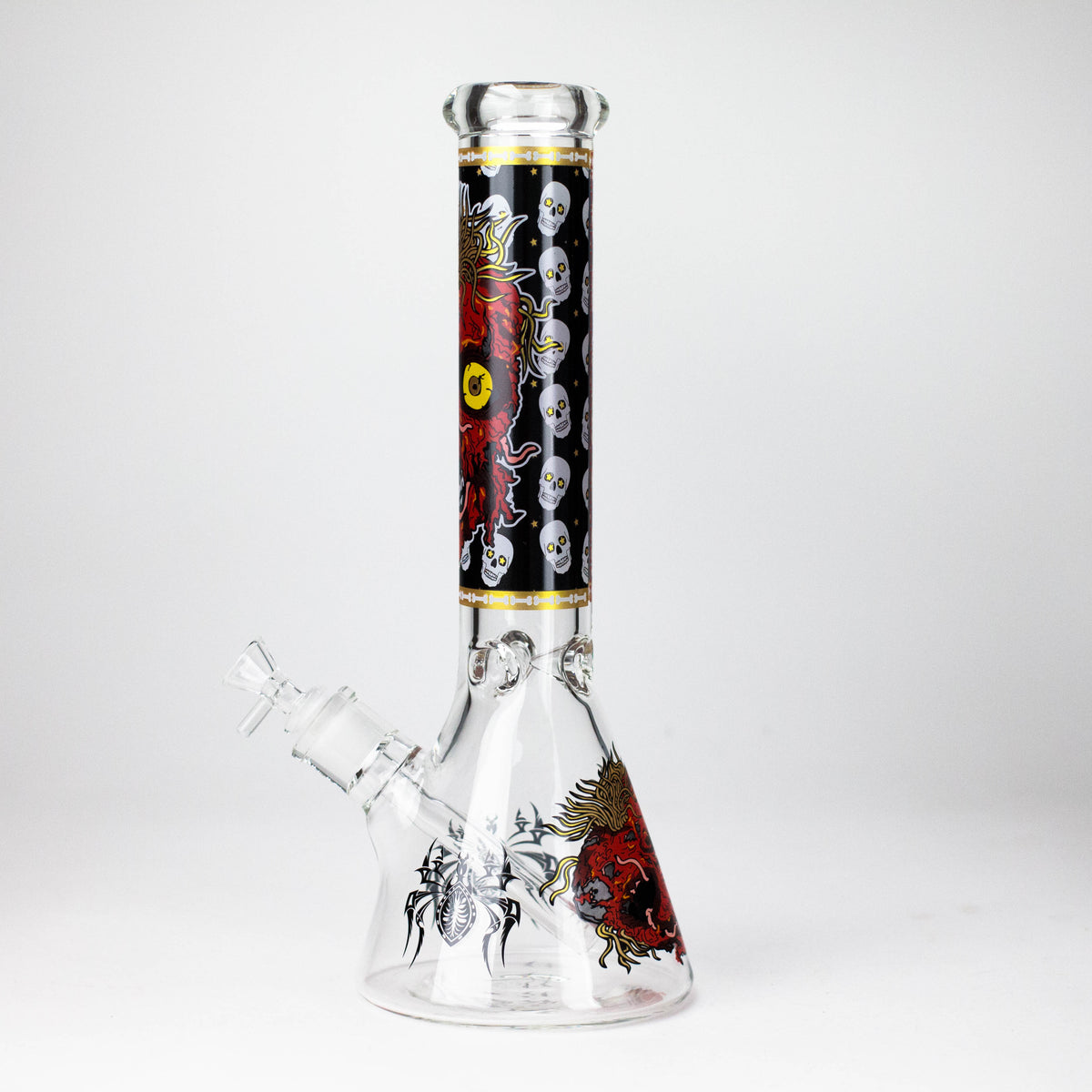 Side angle of the red monster beaker bong showing downstem, bowl and black spider base graphic