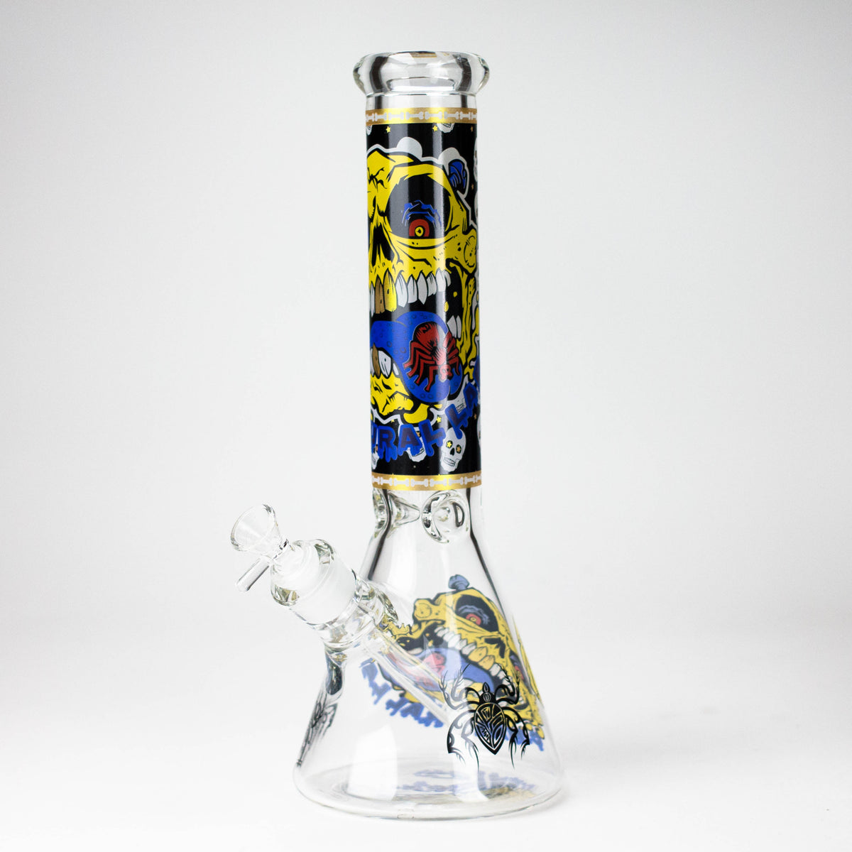 Yellow skull-like monster artwork with blue accents on a 14-inch clear beaker bong