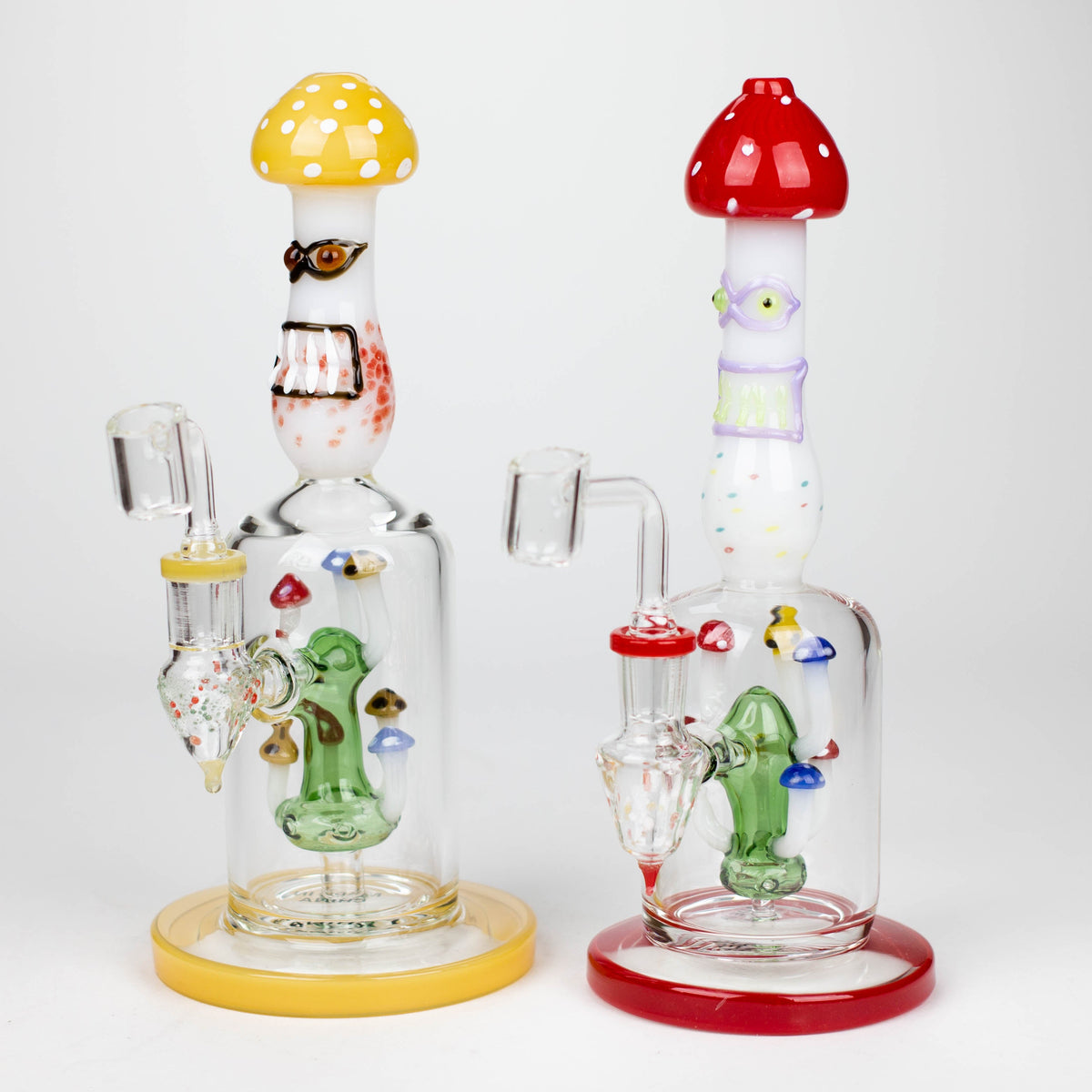 Two 10-Inch Mushroom Dab Rigs With Diffusers in Red and Yellow