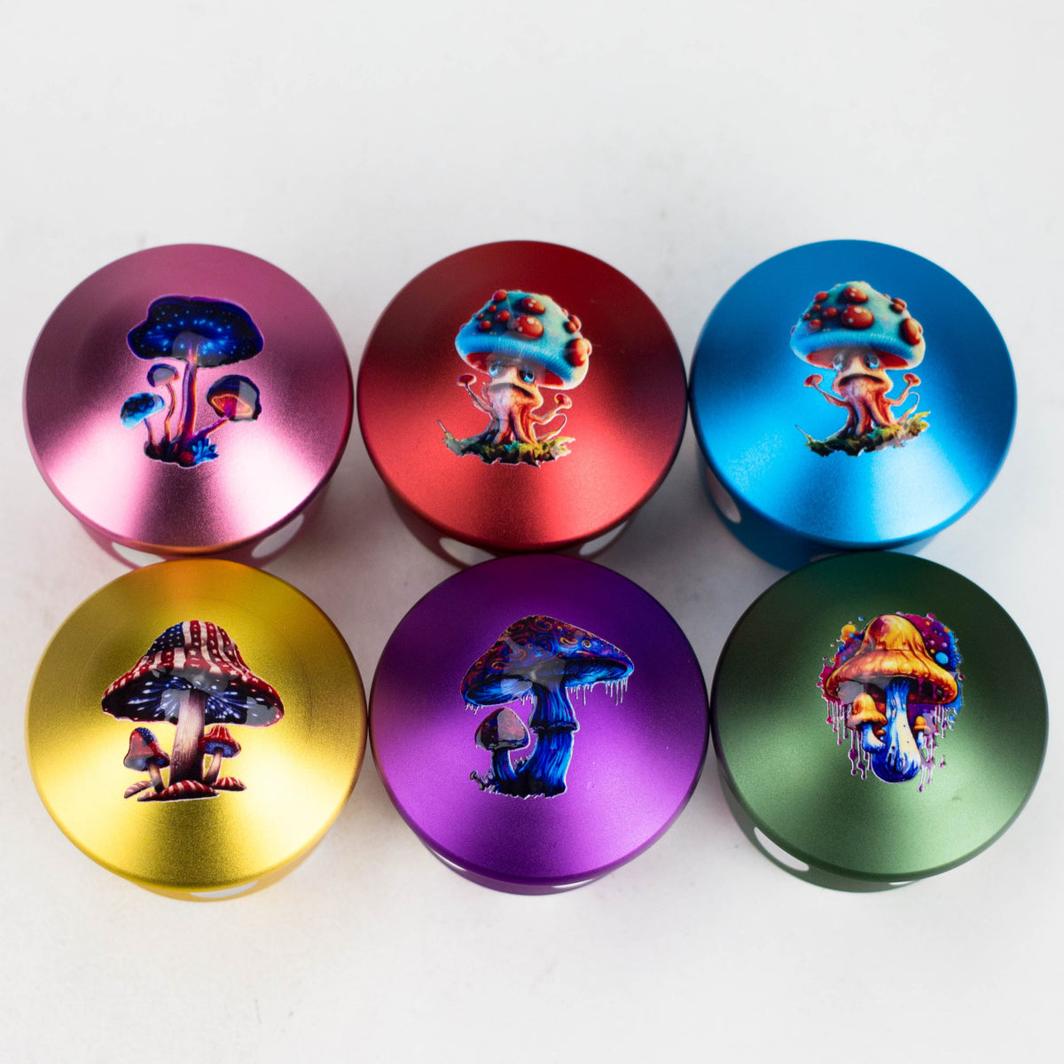 Top view of six coloured mushroom grinder caps with different illustrated mushroom artwork