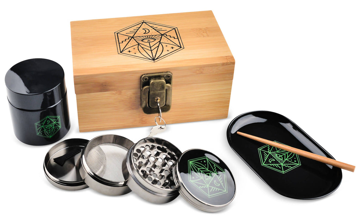 Mystic Vault Smell-Proof Stash Box Bundle For Cannabis with grinder, rolling tray and stash jar