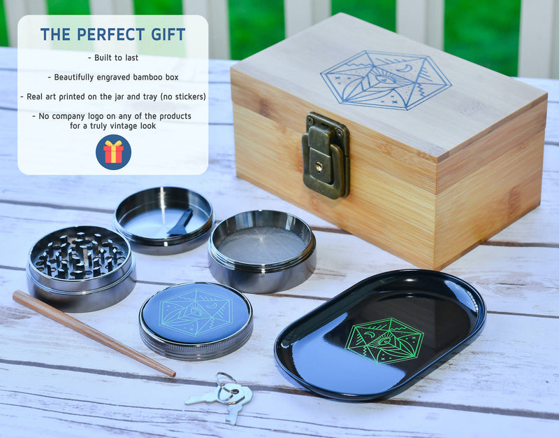 Mystic Vault Lockable Stash Box Bundle with grinder, rolling tray and stash jar