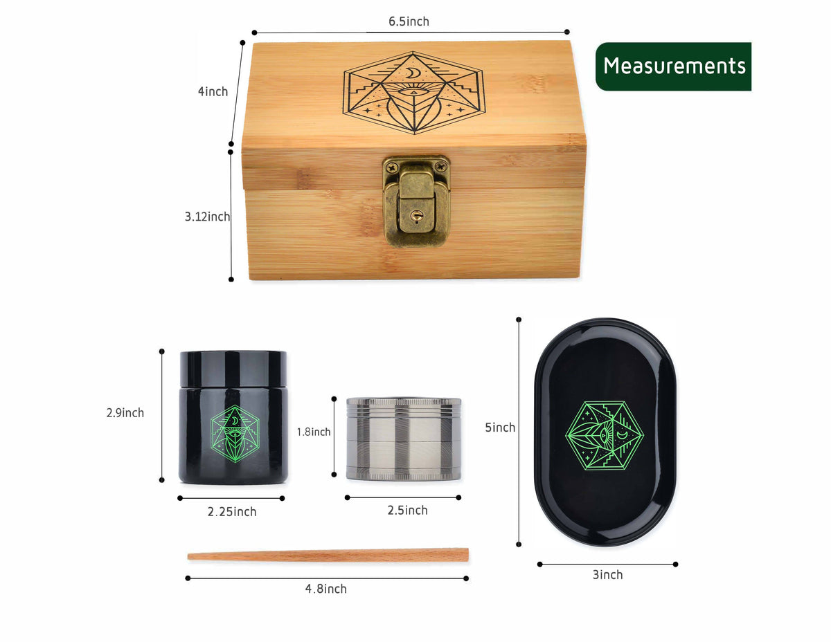 Size Measurements for the Mystic Vault Stash Box Bundle with grinder, rolling tray and stash jar