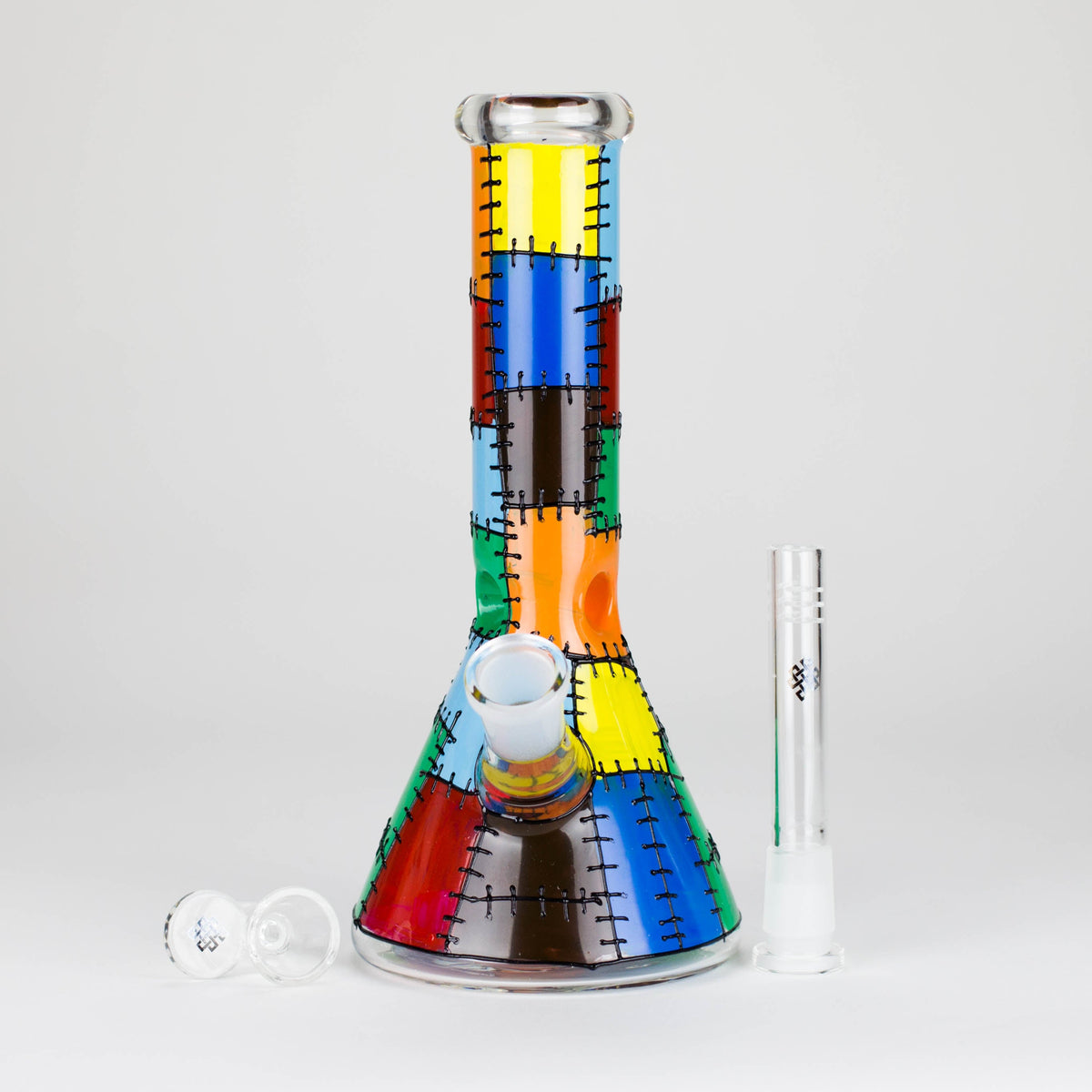 9-Inch Patchy Beaker Bong from Karma Glass with Bowl Piece and Down Stem