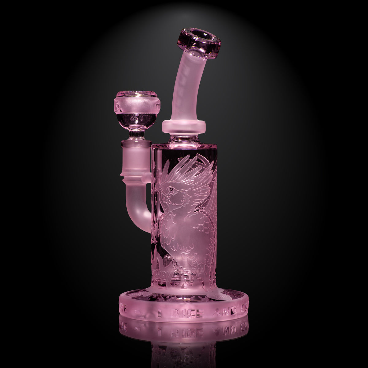 Phoenix Forged in Fire pink glass rig from the front, showing etched phoenix artwork, angled mouthpiece and matching Orbit bowl