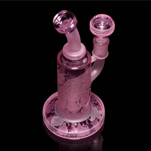 Phoenix Forged in Fire pink glass rig viewed from above, with angled mouthpiece, matching bowl, etched bird body and cutout base