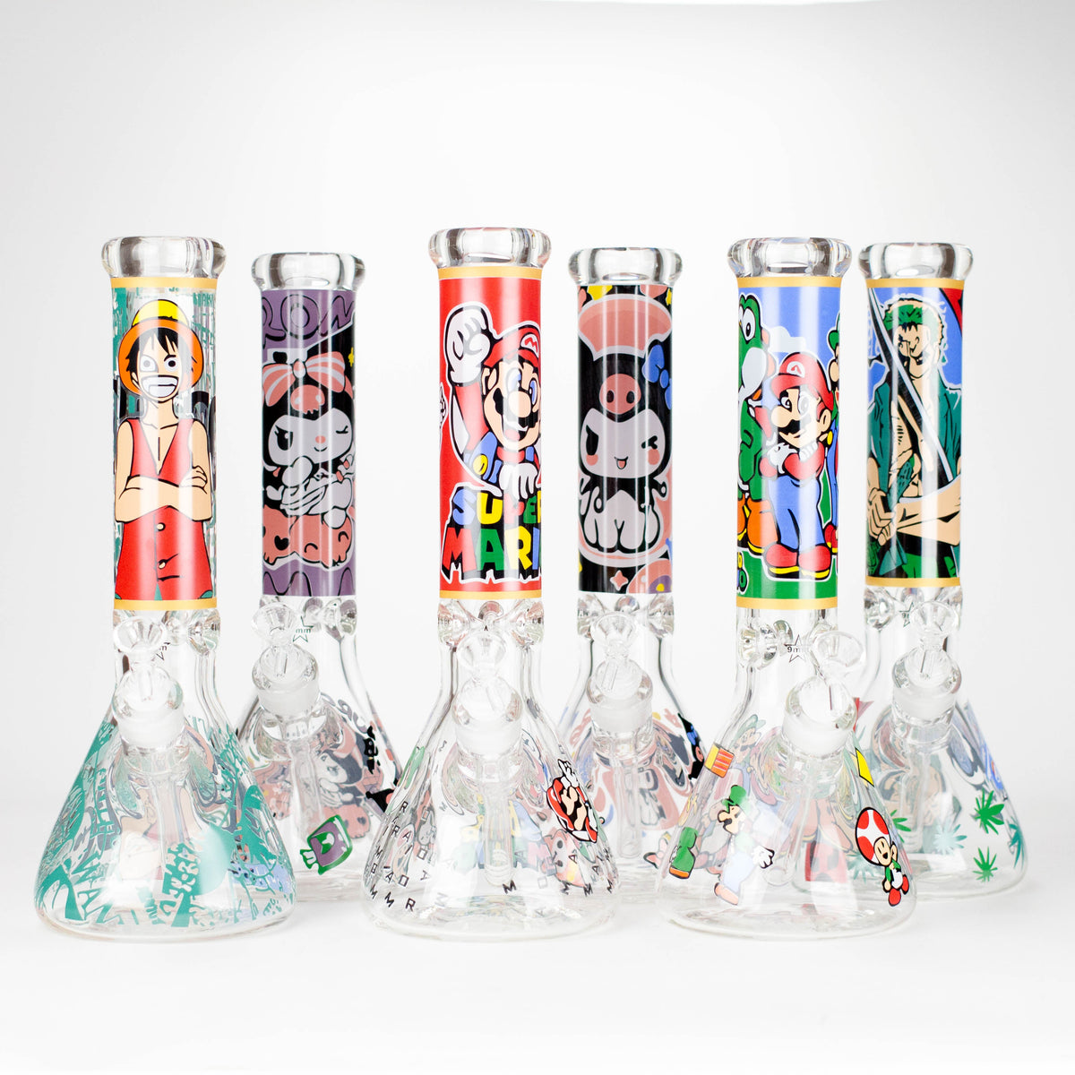 Six 14-inch pop culture beaker bongs with anime, Kuromi and Super Mario graphic designs