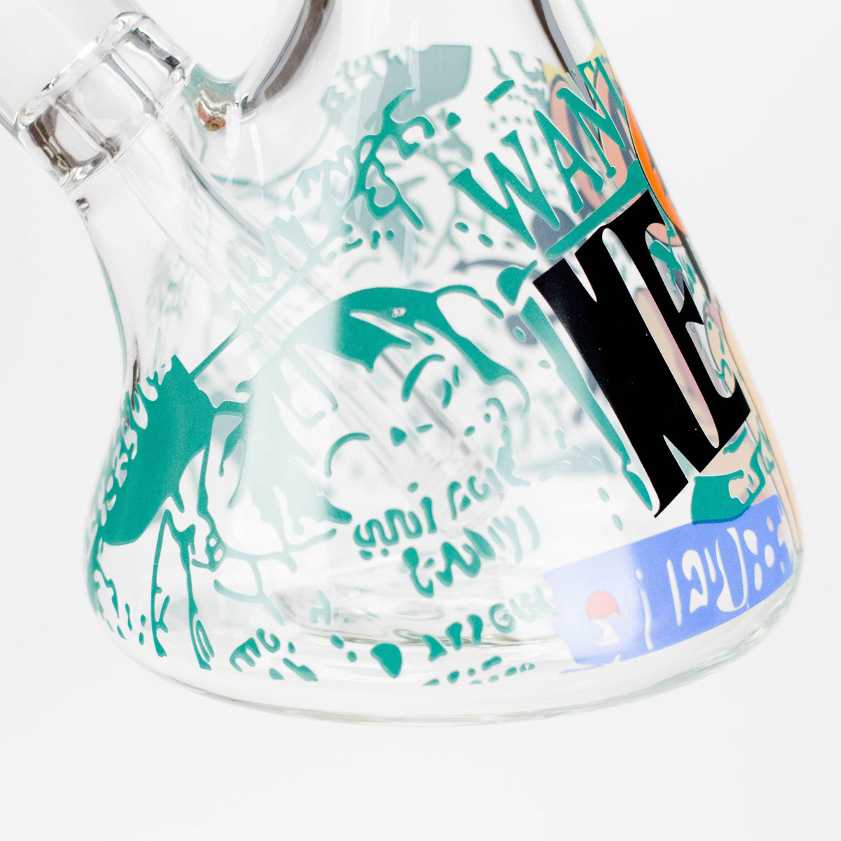 Close-up of green anime artwork printed around the clear beaker base