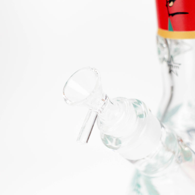 Close-up of the handled glass bowl and downstem joint on the pop culture beaker bong