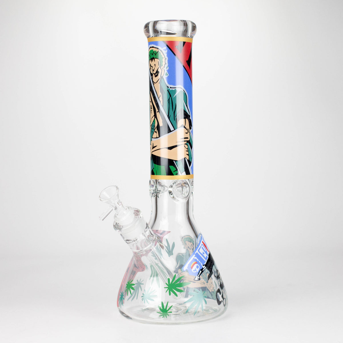14-inch pop culture beaker with a green-haired anime character and leaf graphics on the base