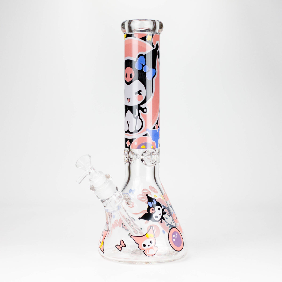 Clear beaker bong with pink-backed Kuromi neck artwork and cartoon graphics on the base
