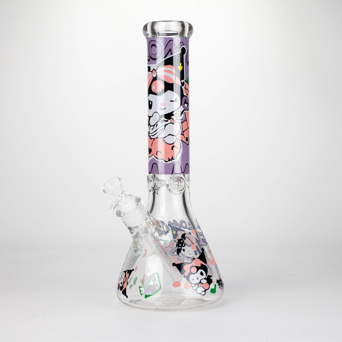 14-inch glass beaker bong with purple Kuromi graphics on the neck and matching base artwork