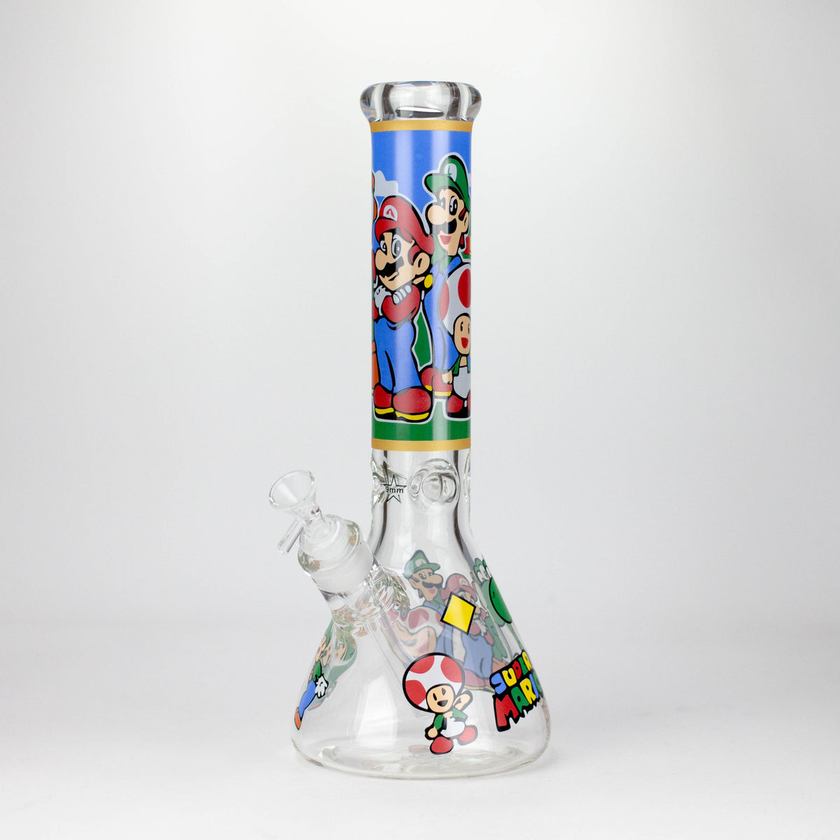 Pop culture beaker bong with Mario, Luigi and Toad on a blue neck panel