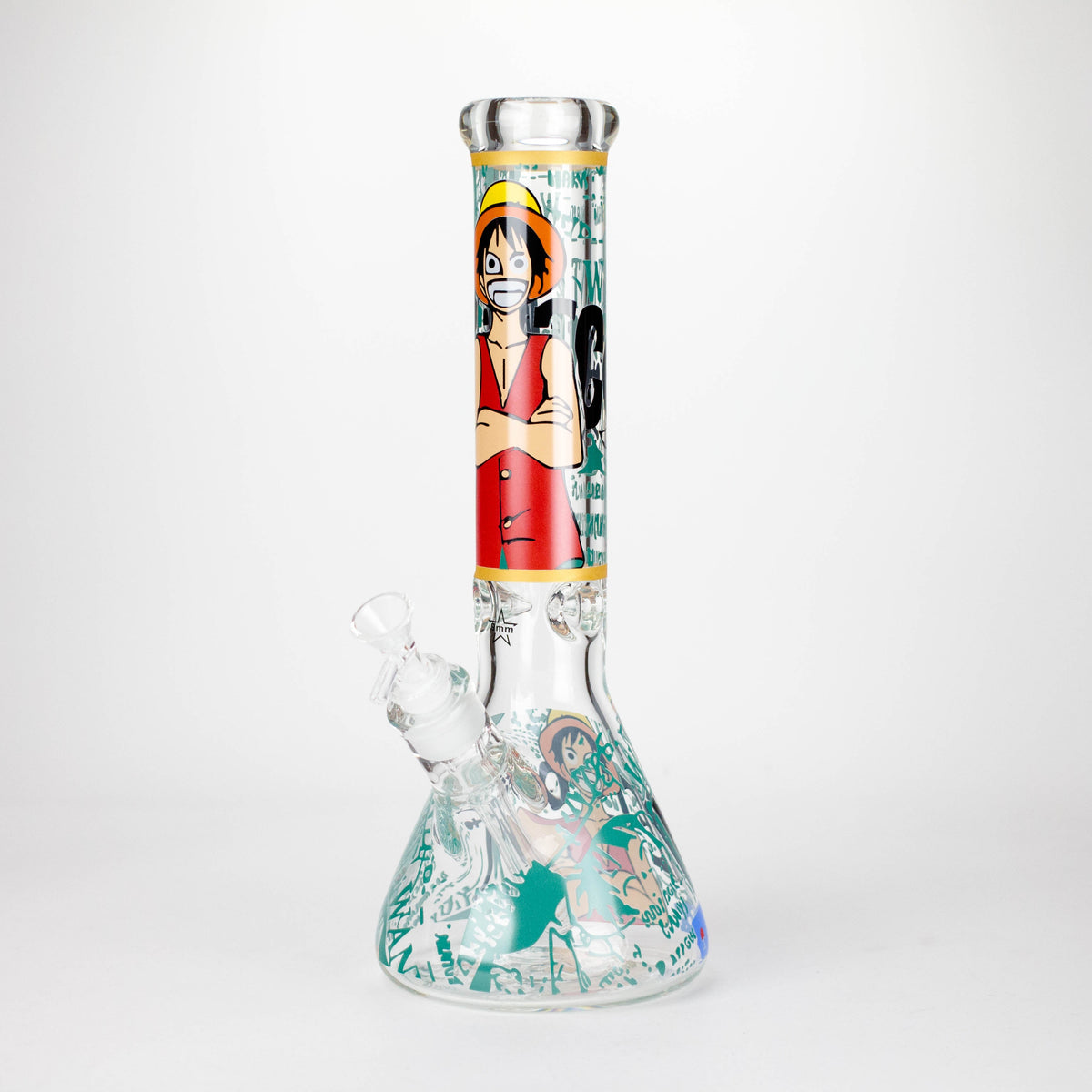 14-inch pop culture beaker bong with a straw-hat anime character and green base graphics
