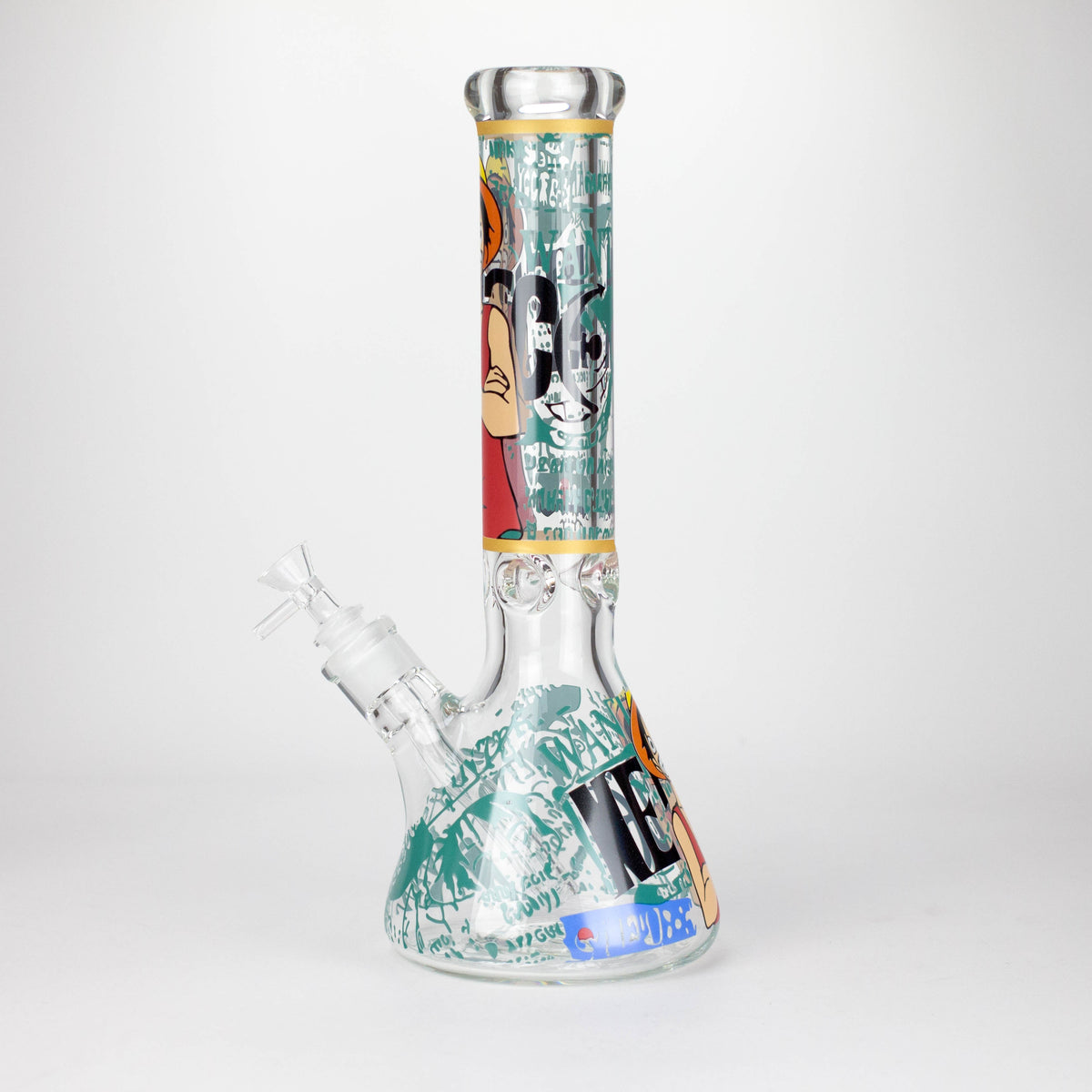 Side view of the straw-hat anime beaker bong showing printed neck and green wanted-poster base