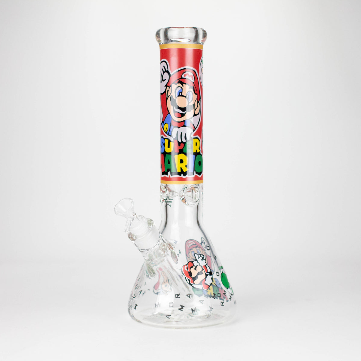 Clear 14-inch beaker bong with red Super Mario artwork on the neck and Mario graphics on the base