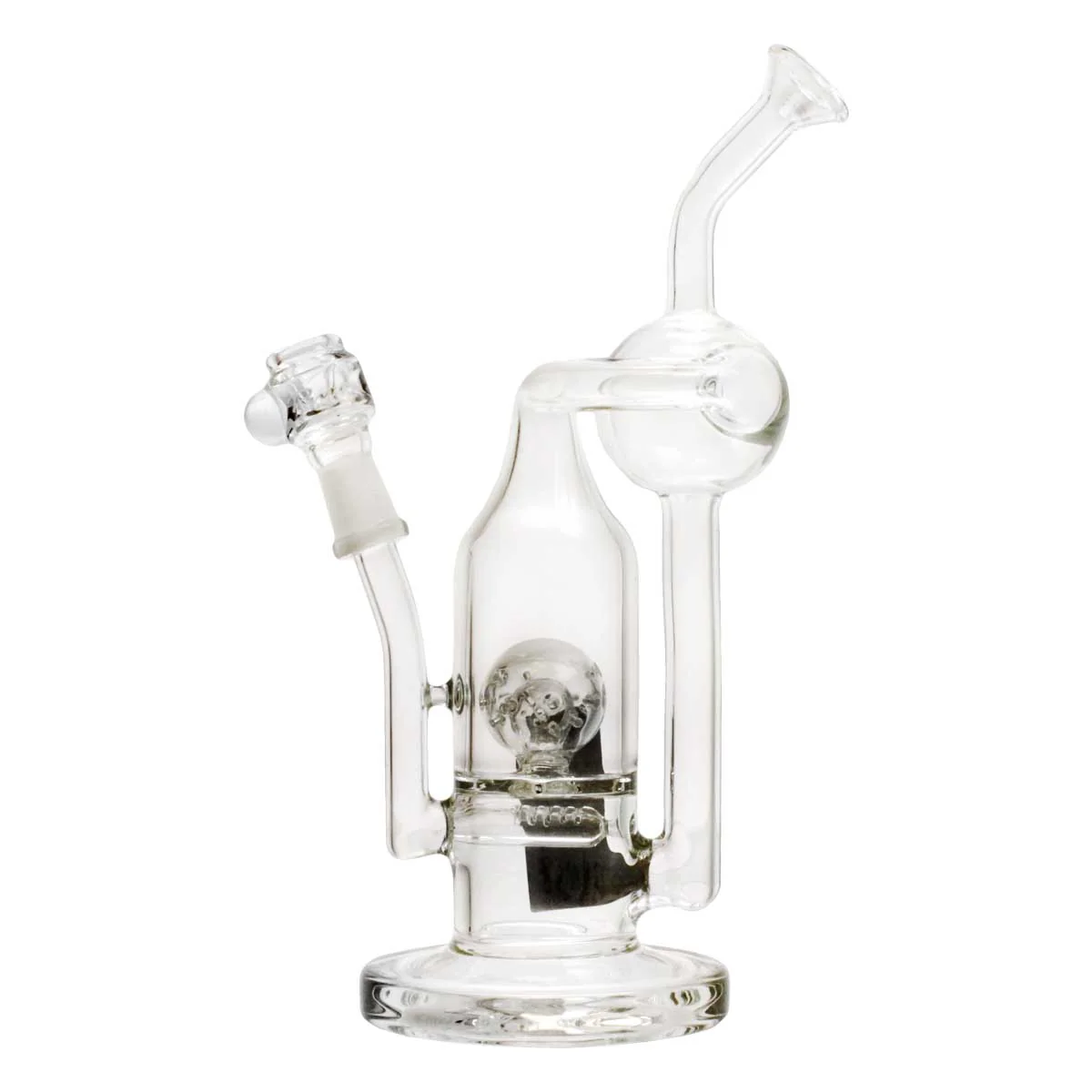 Clear Pure Glass 8-inch Solaris inline recycler rig with clear glass, central perc chamber and looped recycler tube