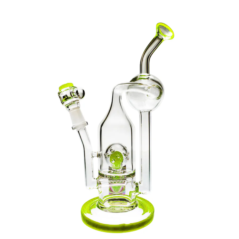 Green-accented Pure Glass 8-inch Solaris inline recycler rig with a clear body, lime green joints and base