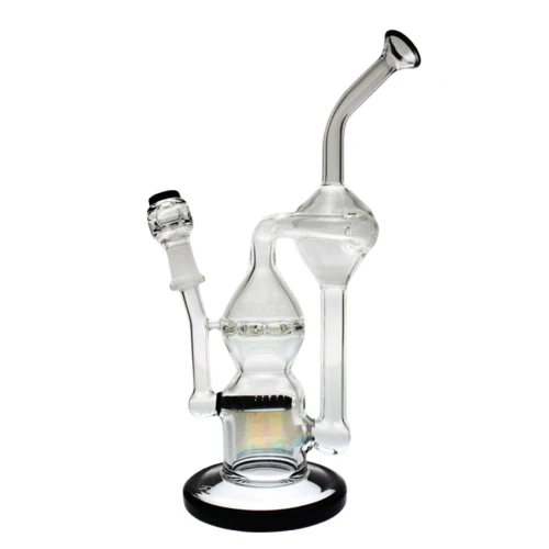 Black Pure Glass 9-inch Infinity recycler with an angled neck, black base rim and stacked glass chambers