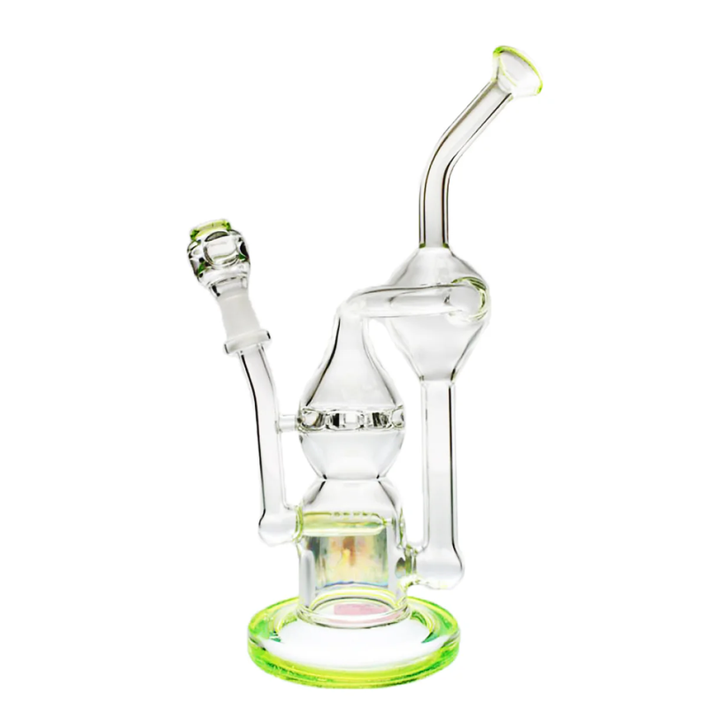 Green Pure Glass 9-inch Infinity recycler showing its green base rim, bowl and bent mouthpiece