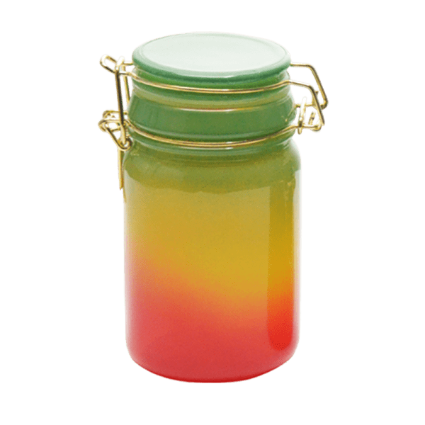 Rainbow Spectrum 240ml glass storage jar with green, yellow and red gradient finish and metal clasp lid