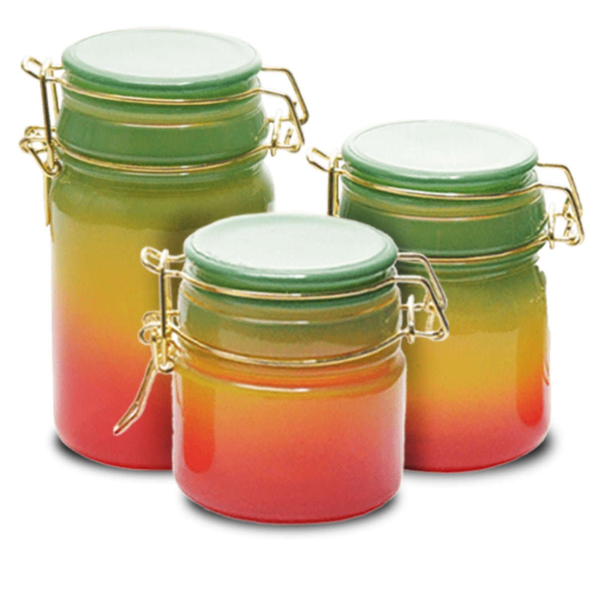 Three Rainbow Spectrum glass storage jars with green, yellow and red finish, shown together with clasp lids closed