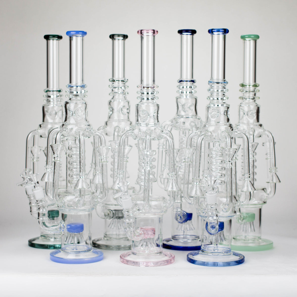 Seven 19 Inch Recycler Bongs With Showerhead Percs