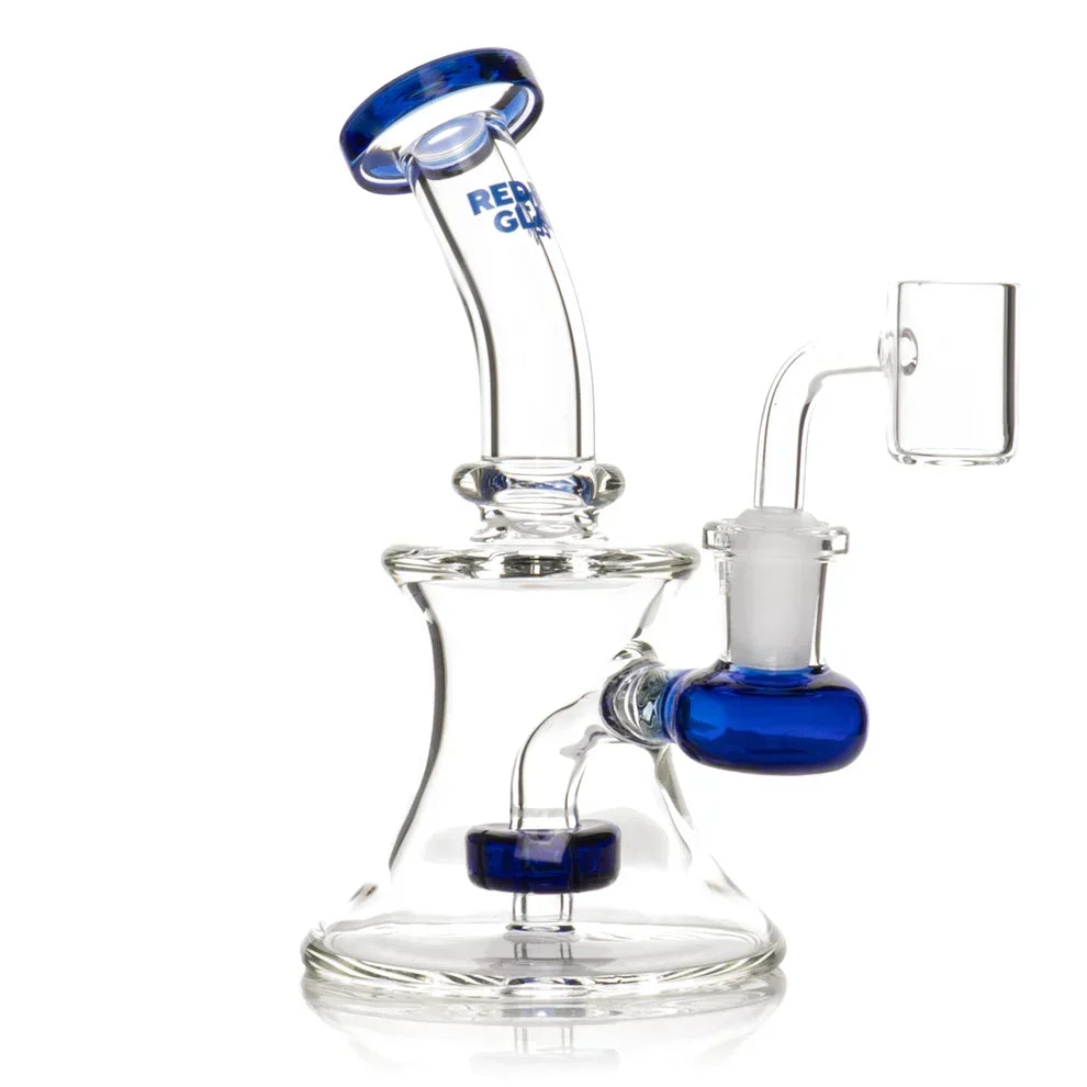 Blue Red Eye Glass 5-inch concentrate rig with bent neck, round base and blue glass accents, shown with a banger