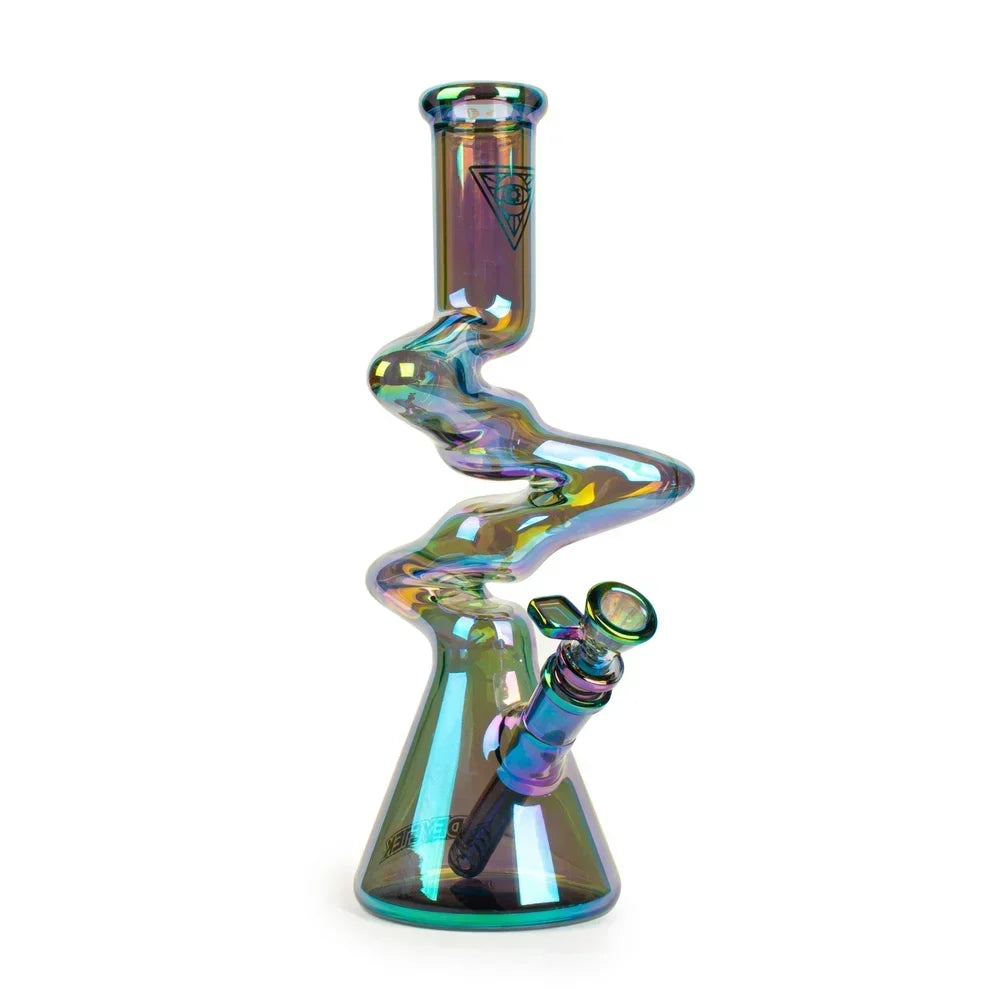Red Eye Tek 12-inch green Terminator Triple Zong beaker bong with winding multi-bend neck and reflective finish