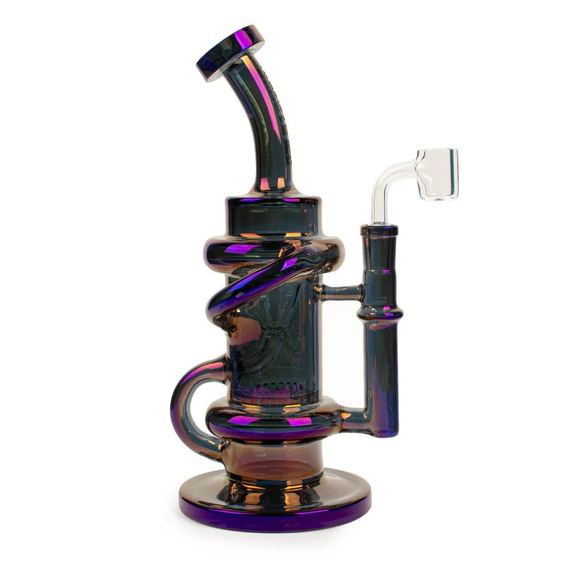 Blue metallic Red Eye Tek Glitch Klein 9.5-inch recycler rig with looping exterior tubing