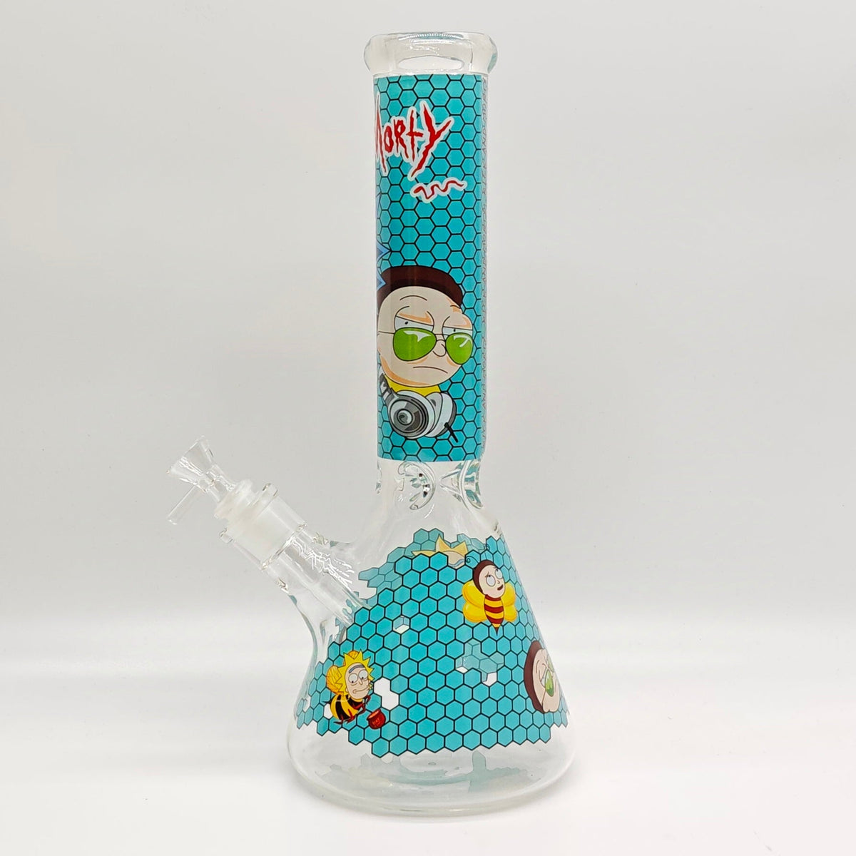 Side View of the 14 Inch Rick And Morty Thick Beaker Bong in Teal