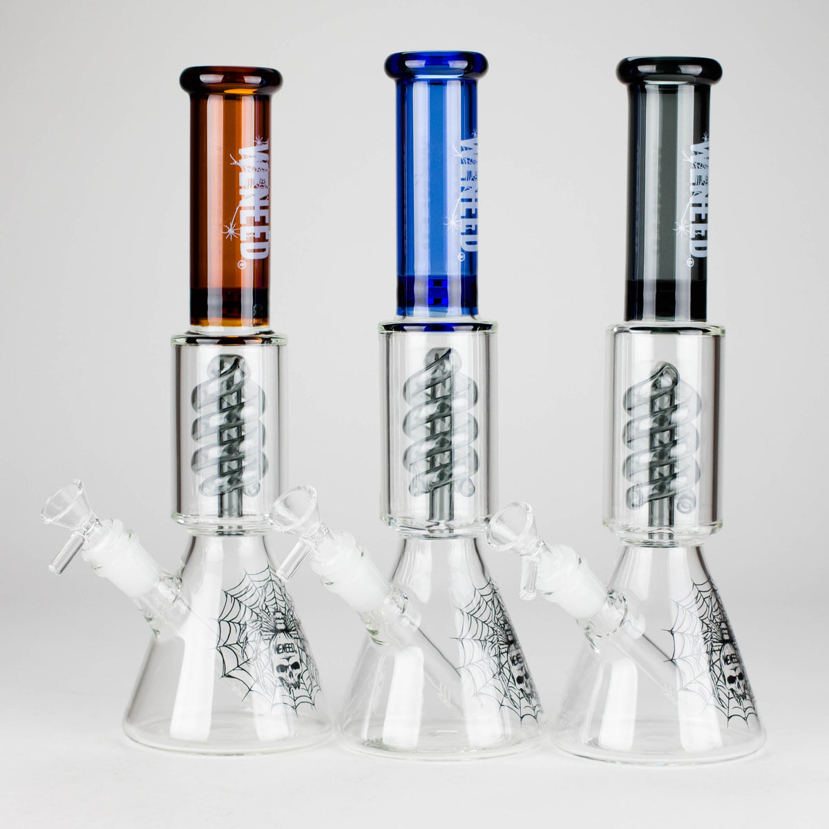 Three Spider Beaker Bongs With Spiral Perc
