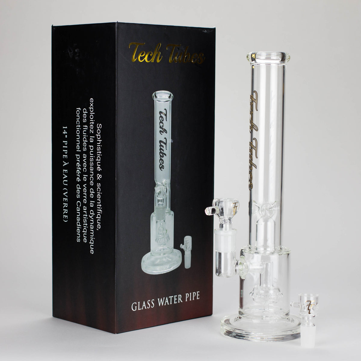 Packaging for the 14-Inch Straight Tube Bong With Circ Perc from Tech Tubes