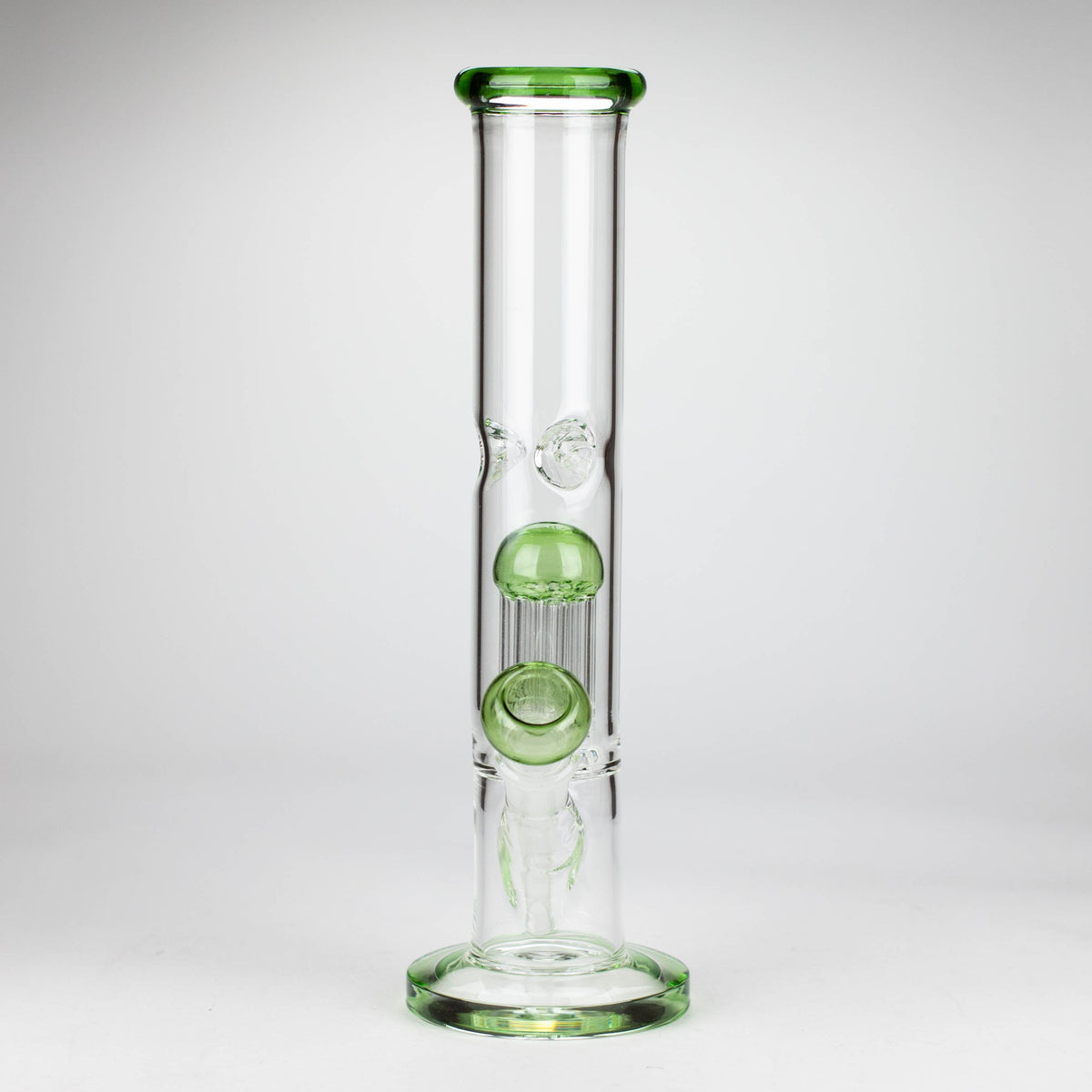 Front View of the Green Straight Tube Glass Bong With Tree Percolator