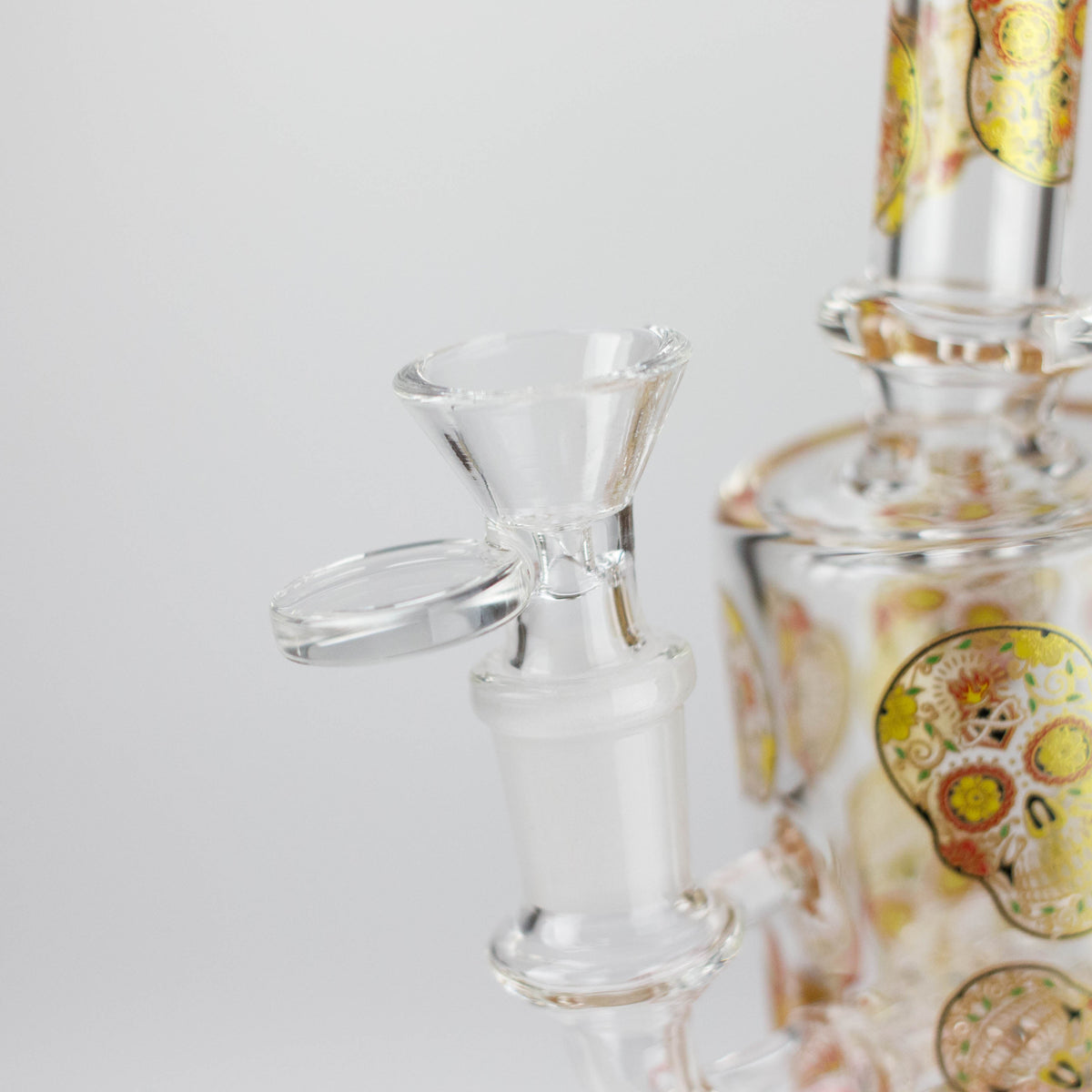 Handled glass herb bowl installed on the sugar skull hybrid rig, shown close-up