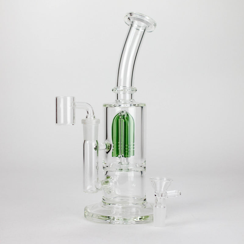 Green Triangle 10-inch tree perc rig with its banger fitted and the included bowl beside the round base