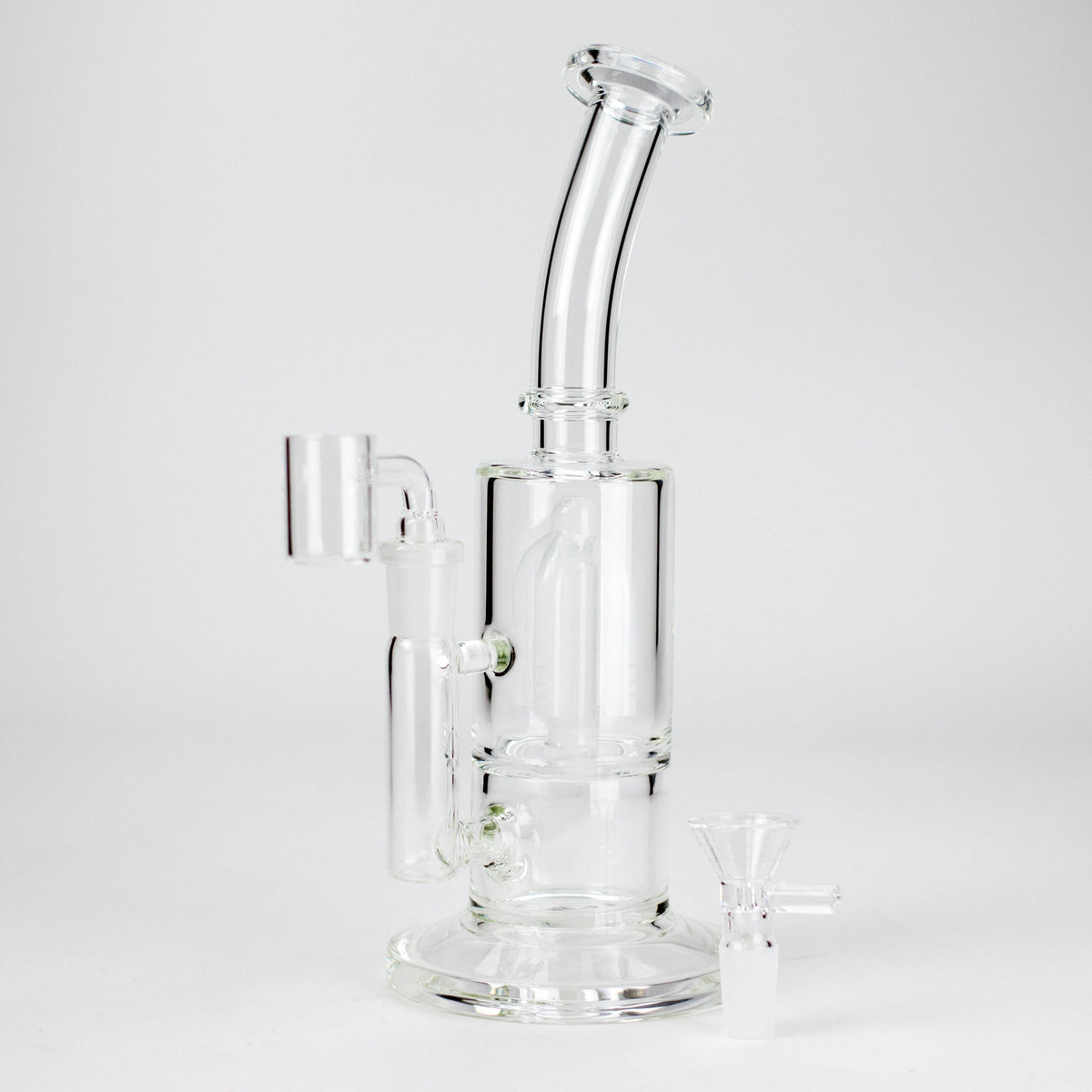 Milk White Triangle 10-inch tree perc rig with a curved neck, fitted banger and separate glass bowl