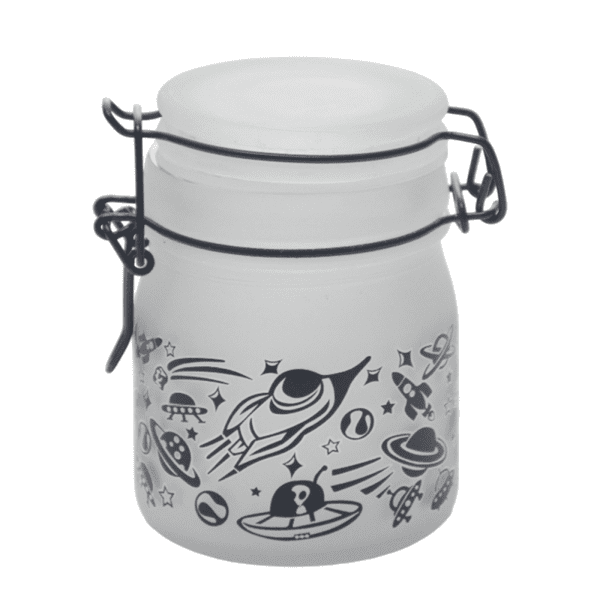 UFO Close Encounters 150ml frosted glass jar showing black UFO, alien and star graphics beneath its clasp lid