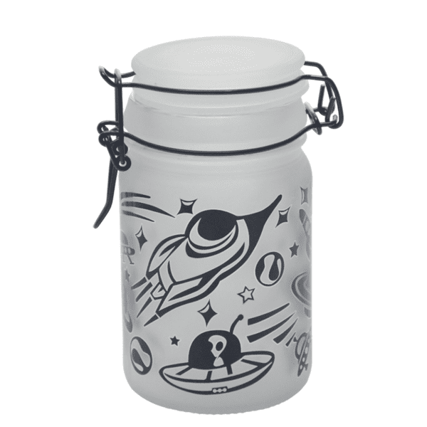 UFO Close Encounters 240ml frosted glass storage jar with black flying-saucer artwork and wire clasp lid