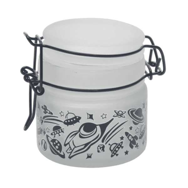 UFO Close Encounters 90ml frosted glass storage jar with space-themed black artwork and closed wire clasp