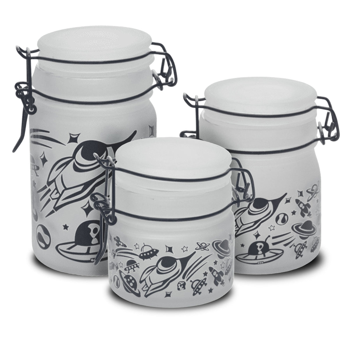 Three frosted UFO Close Encounters glass storage jars with black space graphics, shown together in different capacities