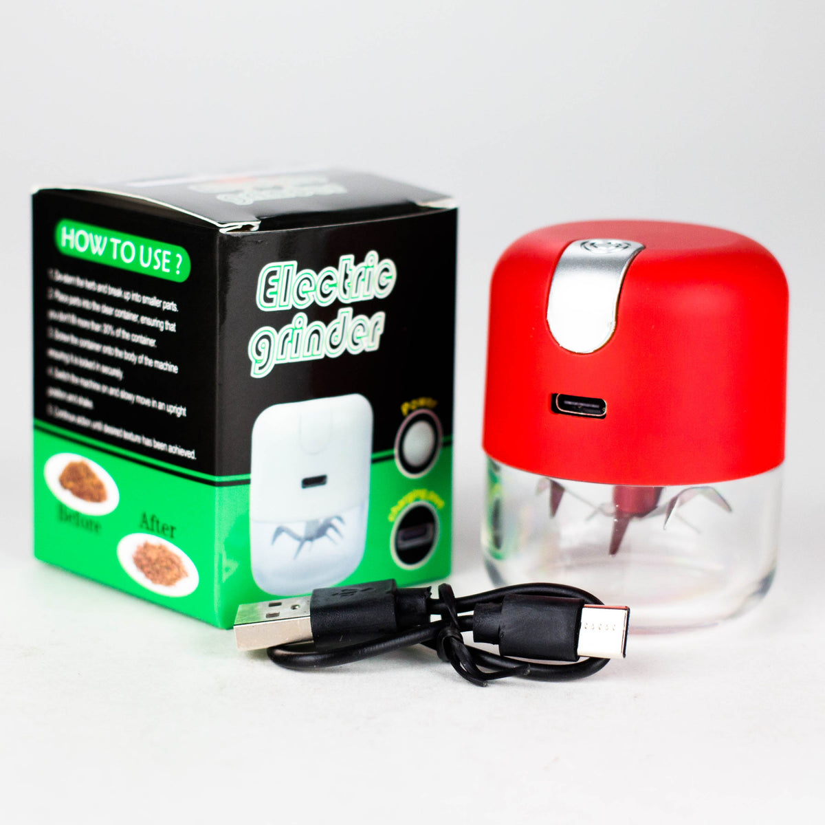 Red electric grinder with its retail box and included USB charging cable