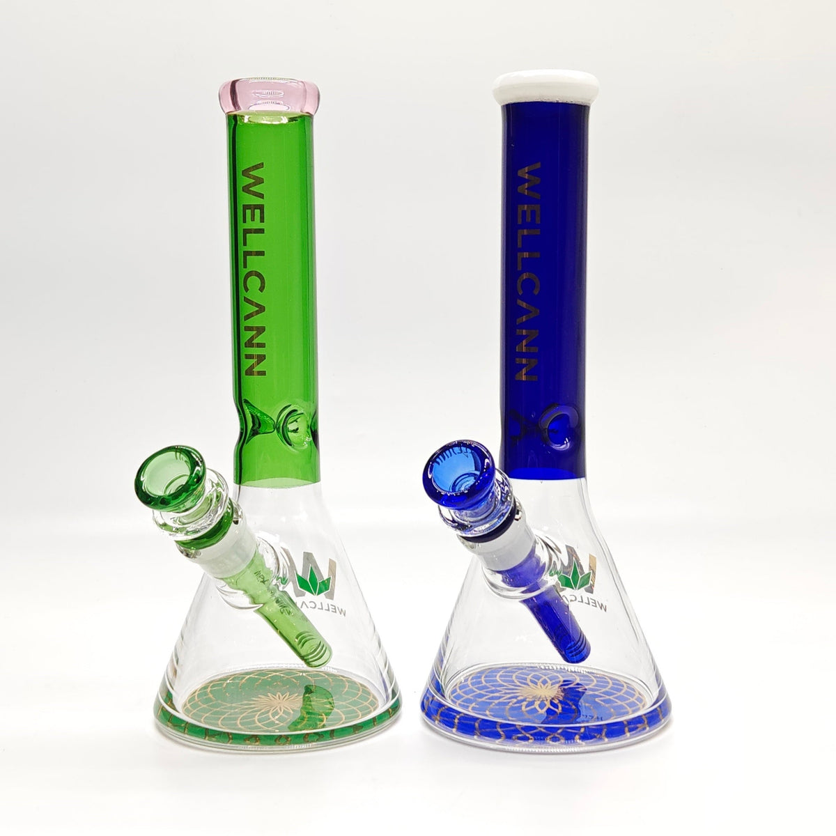 Two WellCann 10-Inch Mini Beaker Bongs in Green And Blue