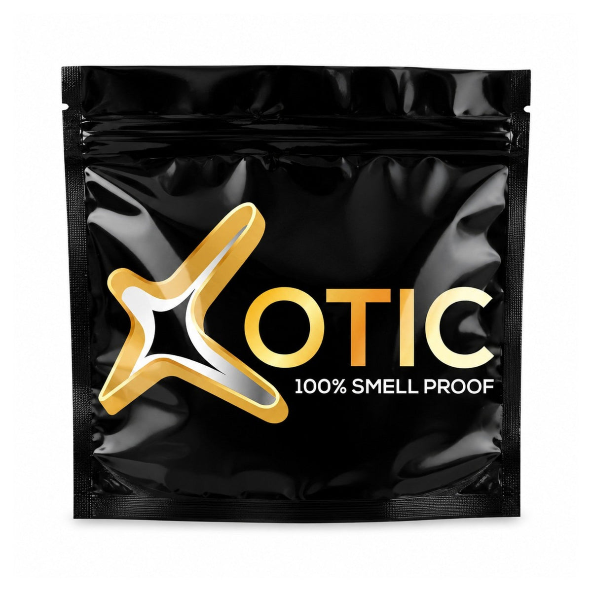 Large Xotic opaque black resealable storage bag with gold Xotic logo, supplied in packs of 10