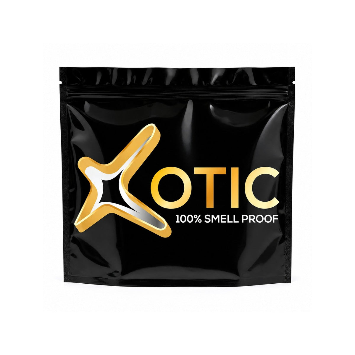 Small Xotic black resealable storage bag with gold logo, supplied in packs of 20