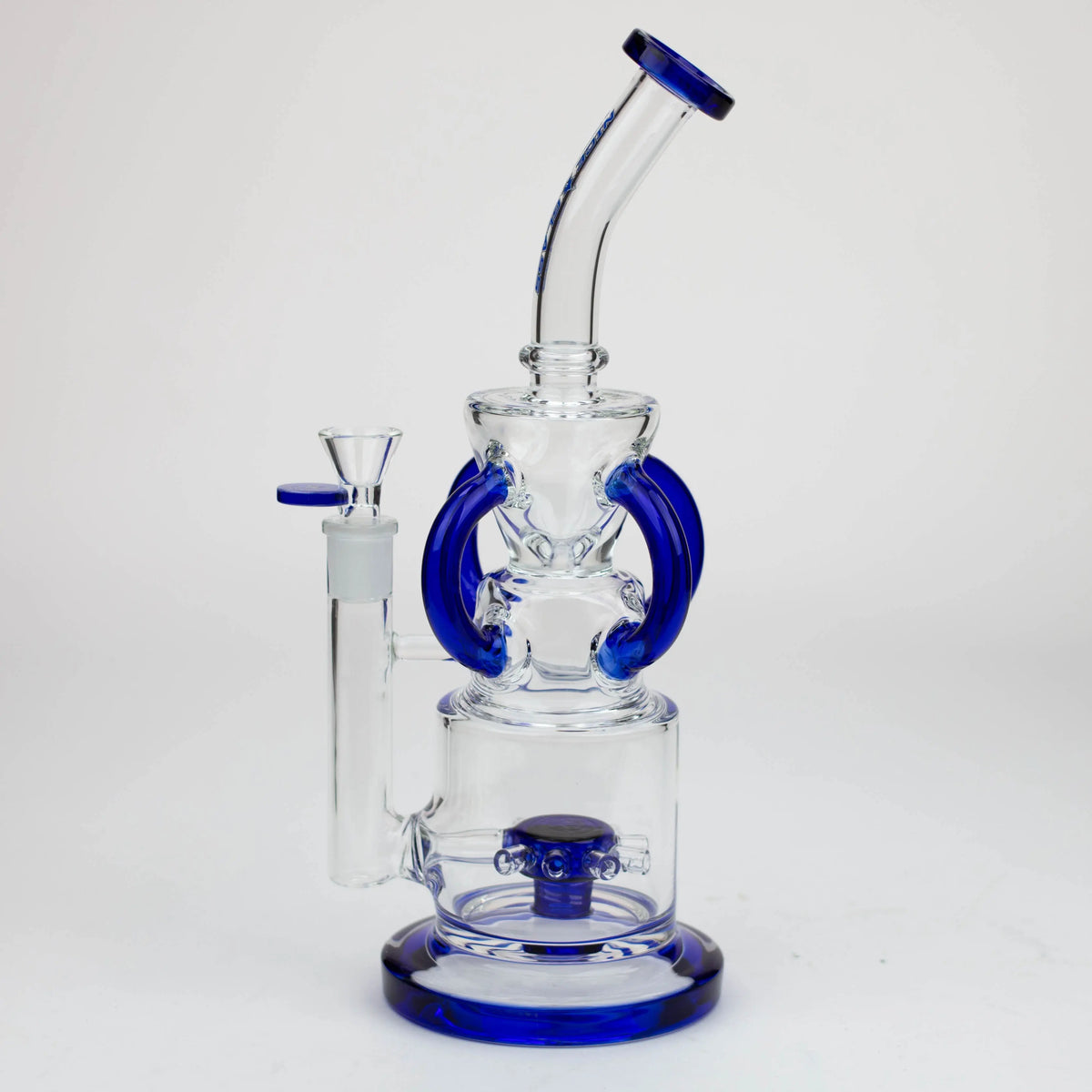 Side View of the Nice Glass 11 inch Sprocket 4-Arm Perc Recycler Bong in blue