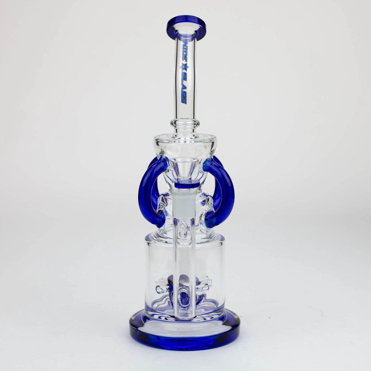 Front View of the Nice Glass 11 inch Sprocket 4-Arm Perc Blue Recycler Bong