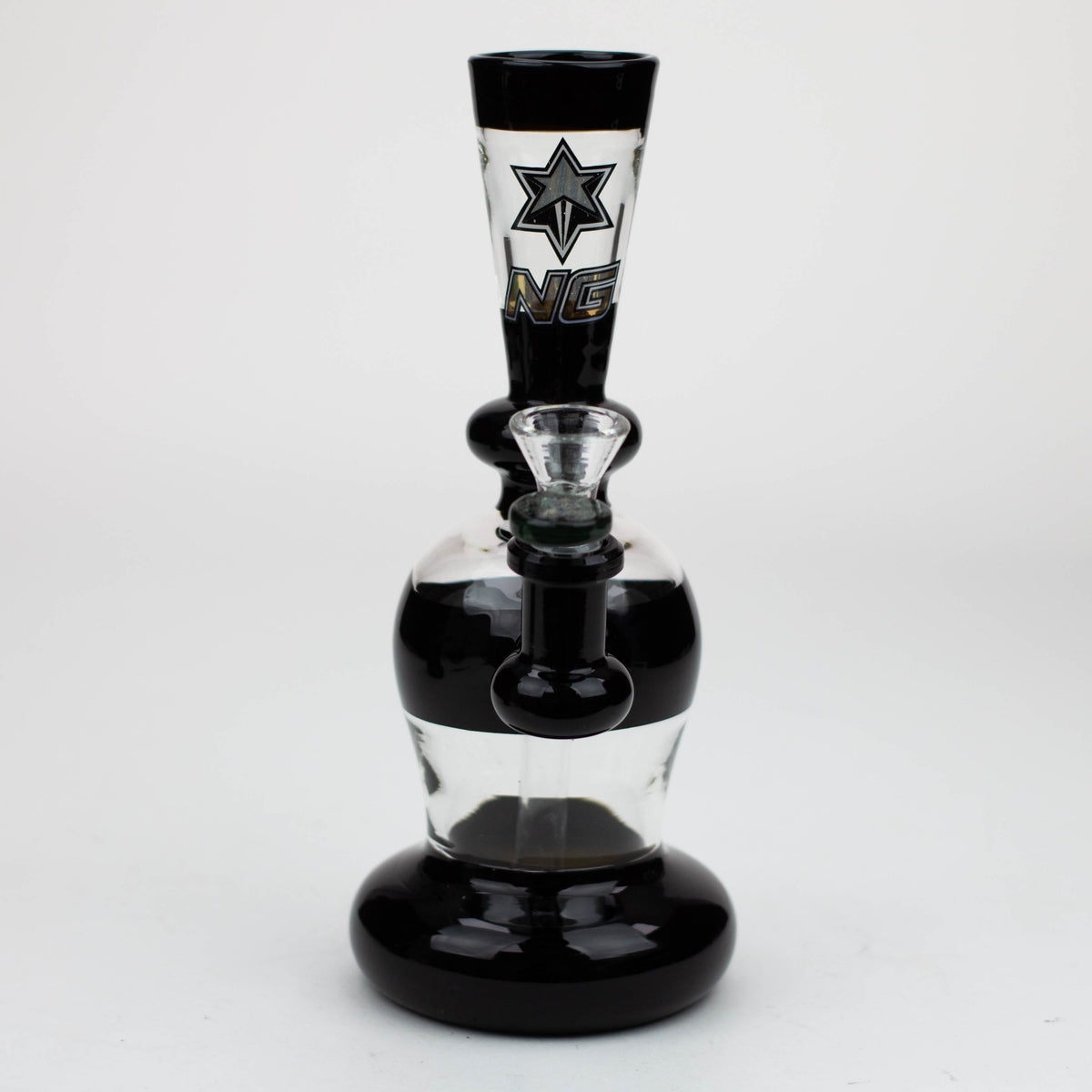 Front View of the Nice Glass 9 inch Flared Neck Percolator Bong in Black with Bowl Piece