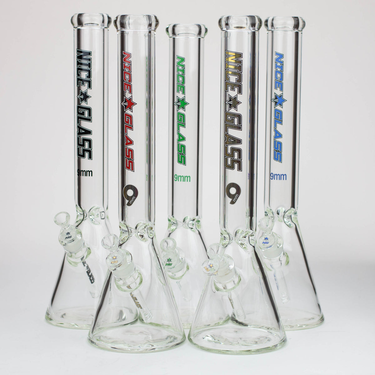 Five 18-Inch Nice Glass Beaker Bongs of various colours pictured side-by-side.